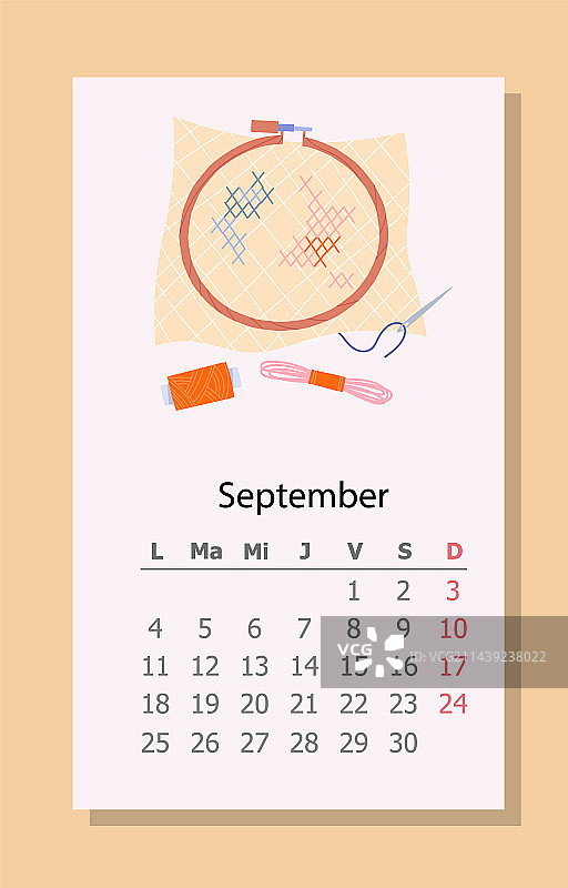 2023年9月刺绣日历图片素材