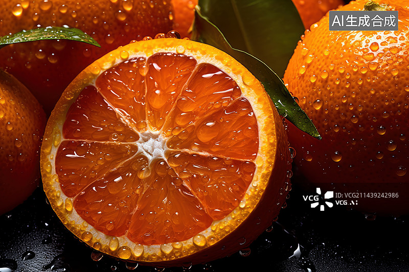 【AI数字艺术】新鲜带有水珠的的橙子切面图片素材