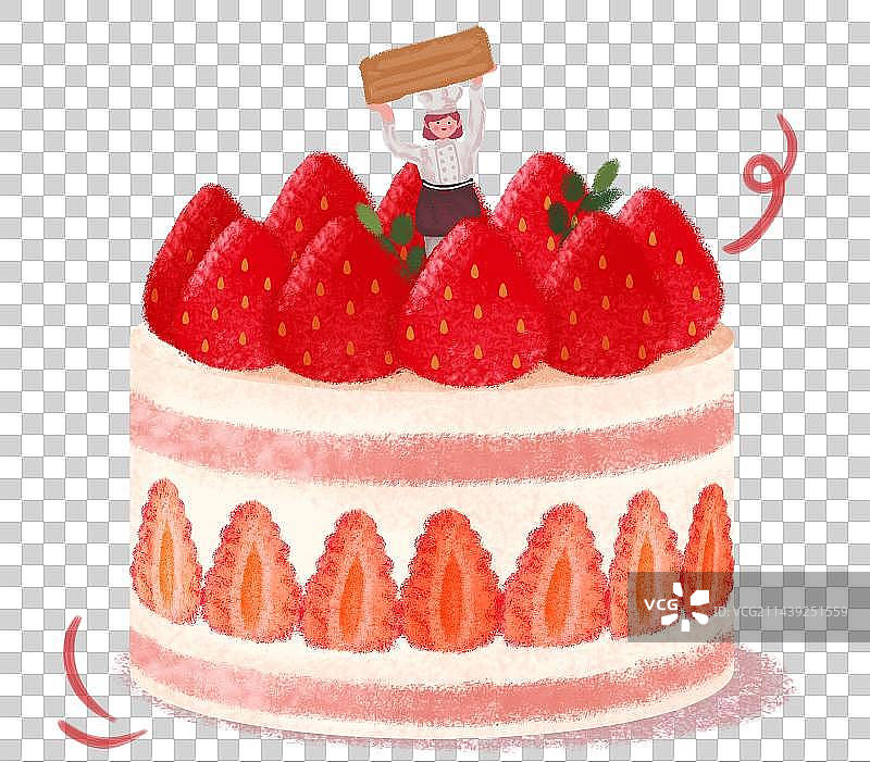 可爱的举牌子女生甜品师和草莓奶油蛋糕图片素材