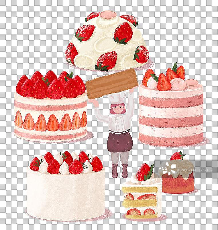 可爱的举牌子女生甜品师和草莓奶油蛋糕图片素材