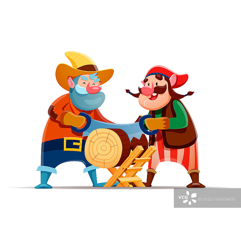 卡通侏儒或矮人角色锯木头图片素材