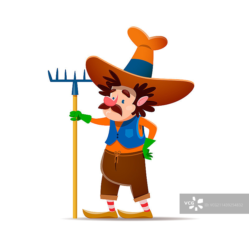 卡通侏儒或矮人农民角色与耙子图片素材