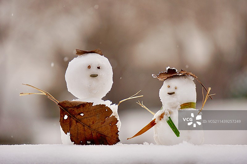 雪地里的小雪人特写镜头图片素材