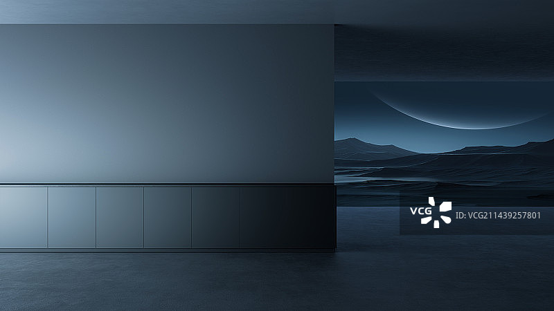 超现实暗色调室内简约厨房外星宇宙天体山脉科技感3d渲染背景图片素材