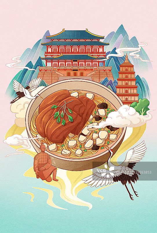 手绘西安美食牛羊肉泡馍美食城市旅游插画图片素材