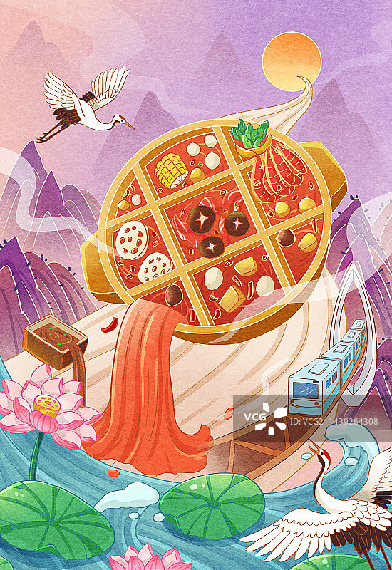 手绘重庆火锅仙鹤山水美食插画图片素材