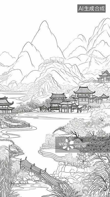 【AI数字艺术】中式园林山水黑白线稿填色图案插画图片素材