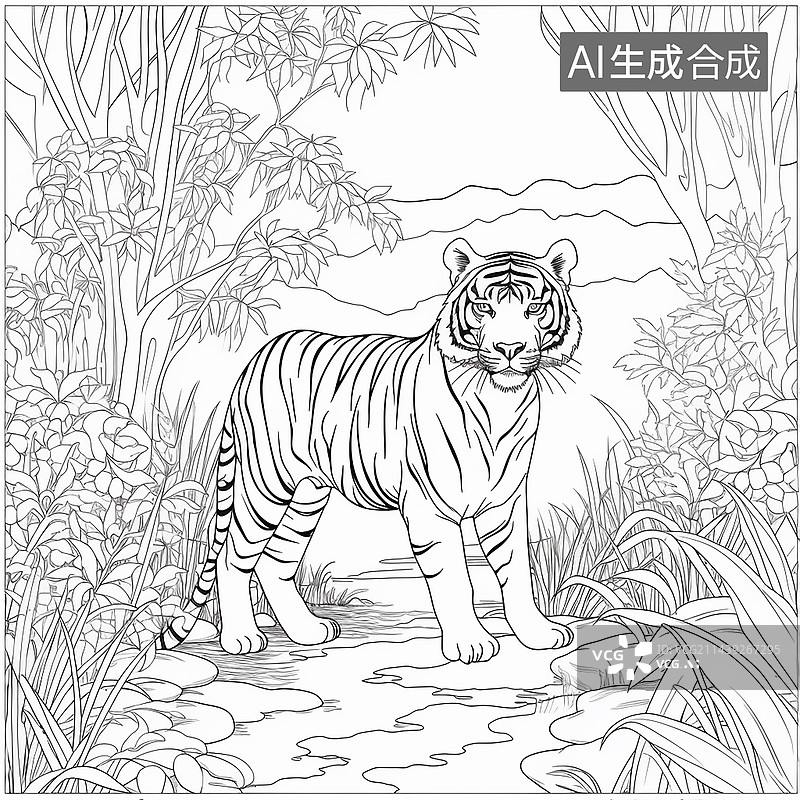 【AI数字艺术】黑白线稿丛林中的老虎填色图案插画图片素材