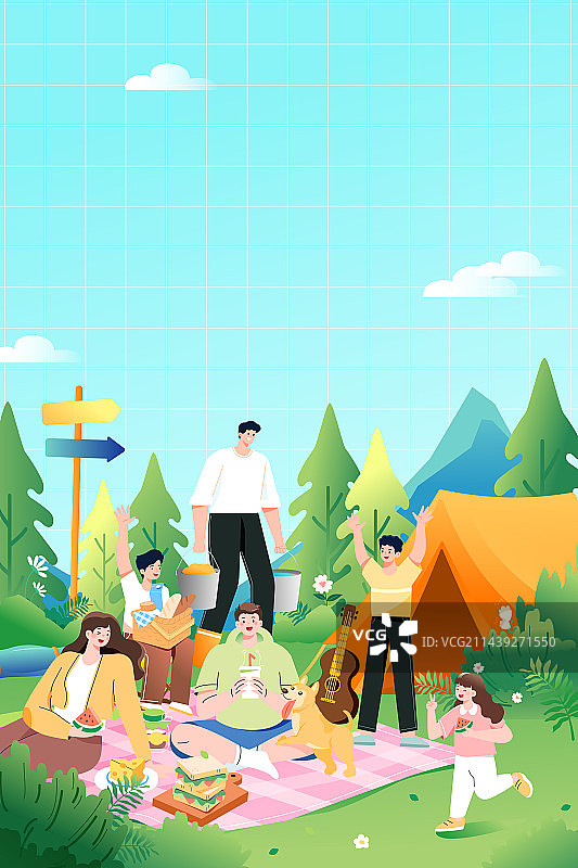 卡通夏季夏天自然风景暑期度假旅游旅行家人亲子聚会野餐美食餐饮露营户外电商优惠消费券渐变矢量插画图片素材