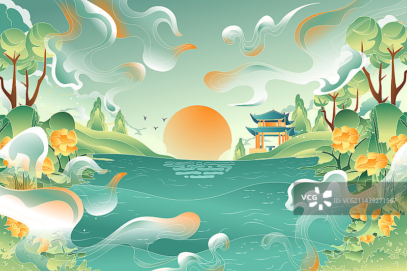 卡通大暑夏至节气季节夏季夏天自然风景古建筑游湖江河风光旅游旅行踏青古镇渐变中国风古风国潮矢量插画图片素材