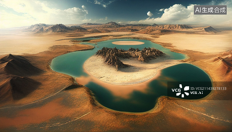 【AI数字艺术】AI生成的沙漠中的湖泊图片素材