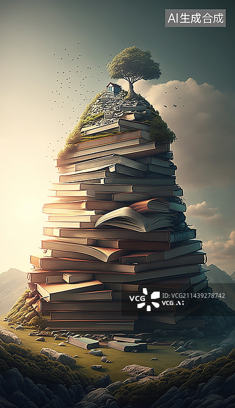 【AI数字艺术】AI生成的插图堆叠的书本图片素材