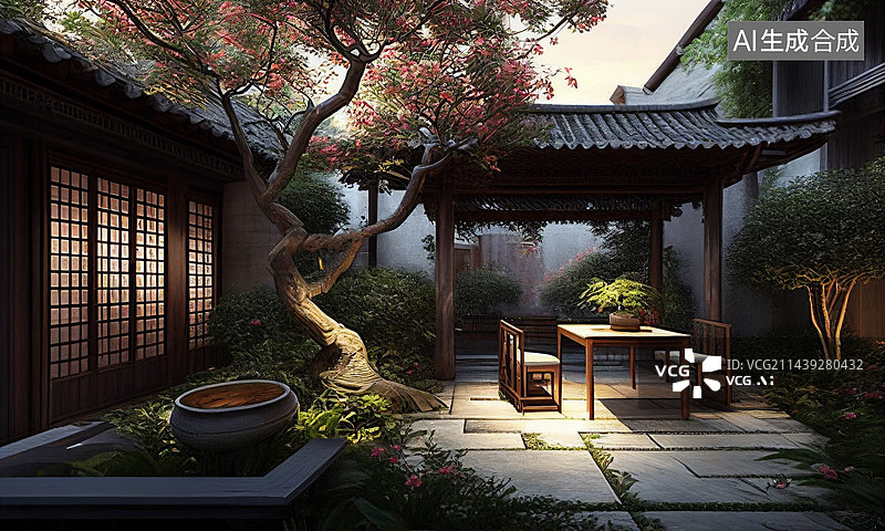 【AI数字艺术】AI生成的插图中式园林图片素材
