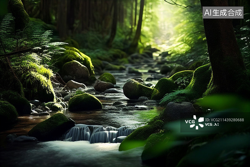 【AI数字艺术】AI生成的插画树林小溪图片素材