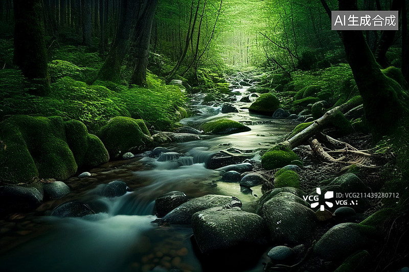 【AI数字艺术】AI生成的插画树林小溪图片素材