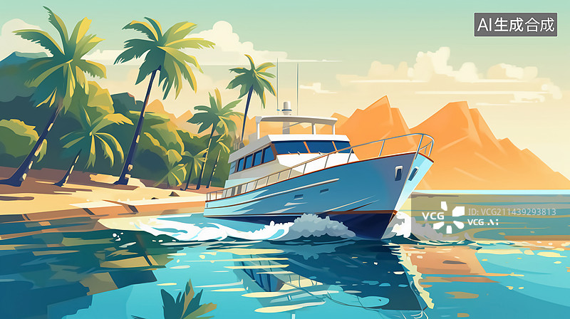 【AI数字艺术】海边游艇插画图片素材