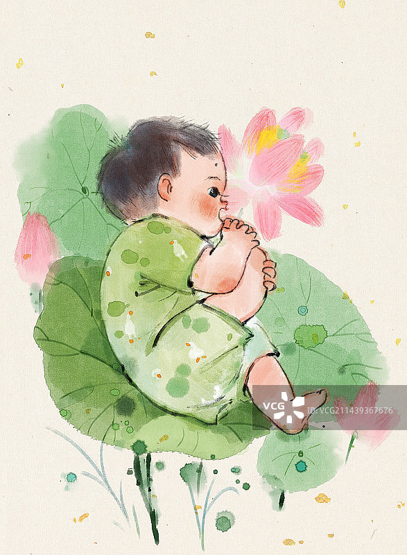 躺在荷叶上的儿童图片素材