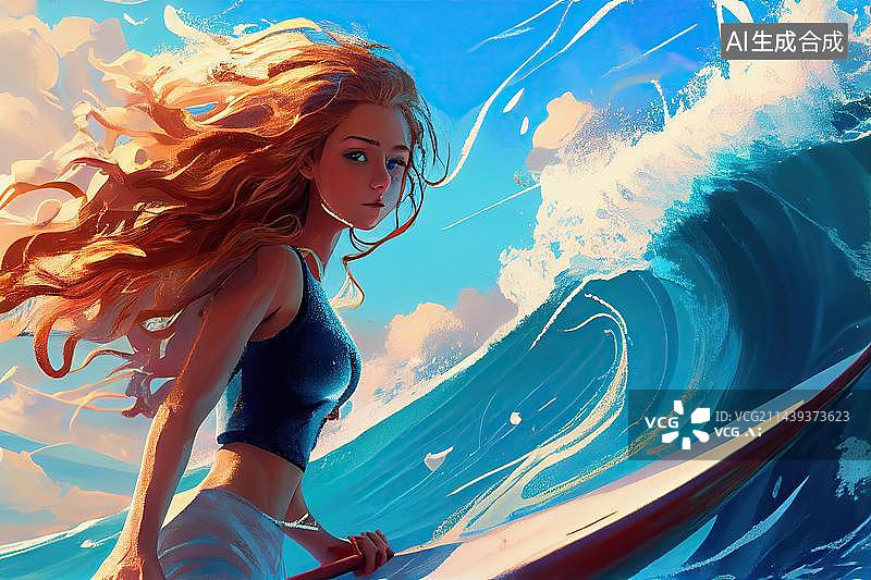【AI数字艺术】AI生成的插图冲浪的女孩图片素材