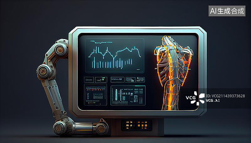 【AI数字艺术】AI生成的插图机器人操控电脑数据图片素材