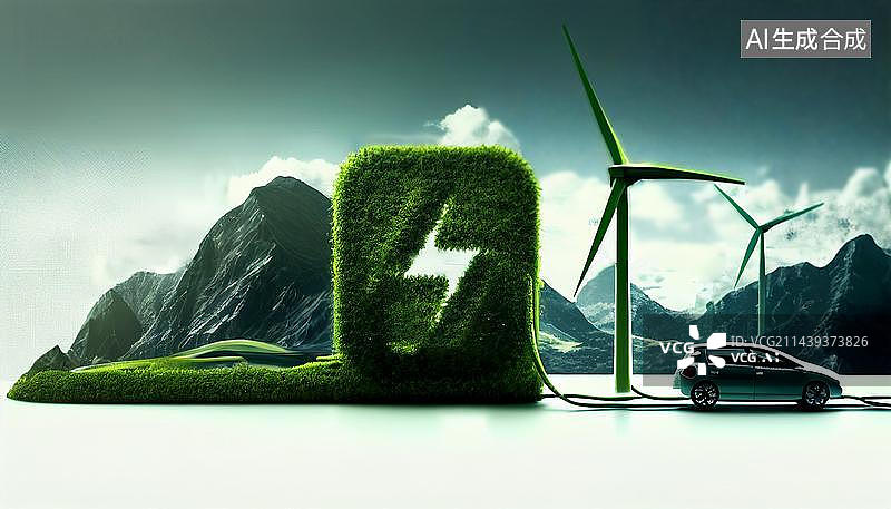 【AI数字艺术】创意插画风能发电给新能源汽车充电图片素材