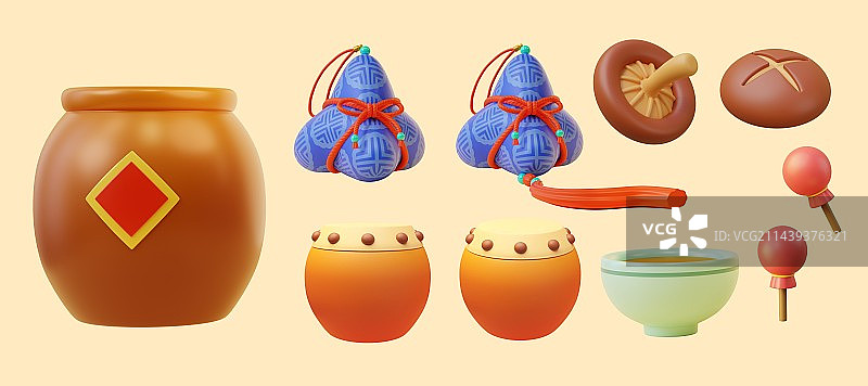 端午节三维卡通物品与食材集合图片素材
