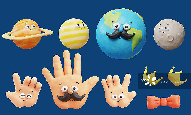 可爱手捏橡皮泥手掌与星球卡通角色集合图片素材