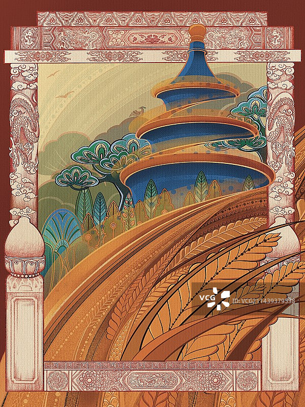 中国风城市插画北京天坛丰收节二十四节气秋分图片素材