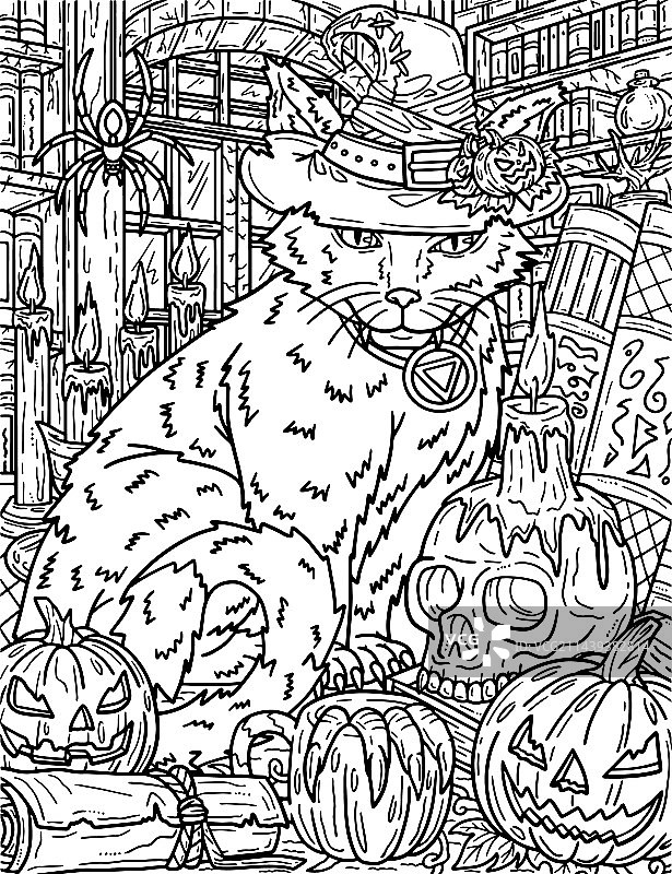 万圣节猫咪帽子填色画图片素材