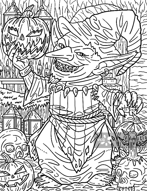 万圣节小妖精帽子长袍成人涂色页图片素材