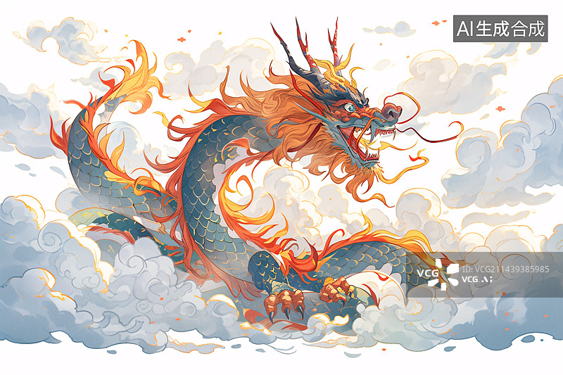 【AI数字艺术】中国龙在祥云里飞翔，端午节，龙年新年插画图片素材