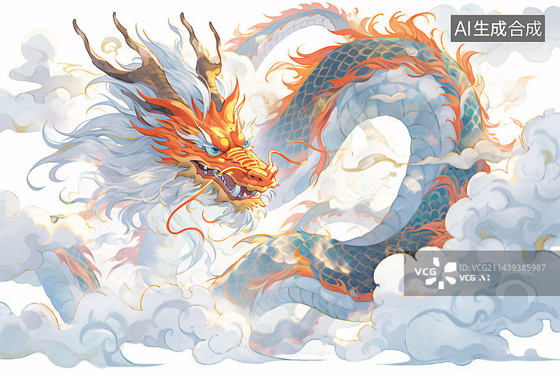 【AI数字艺术】中国龙在祥云里飞翔，端午节，龙年新年插画图片素材