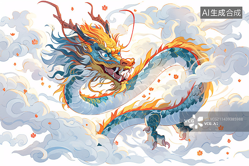 【AI数字艺术】中国龙在祥云里飞翔，端午节，龙年新年插画图片素材