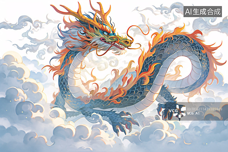 【AI数字艺术】中国龙在祥云里飞翔，端午节，龙年新年插画图片素材