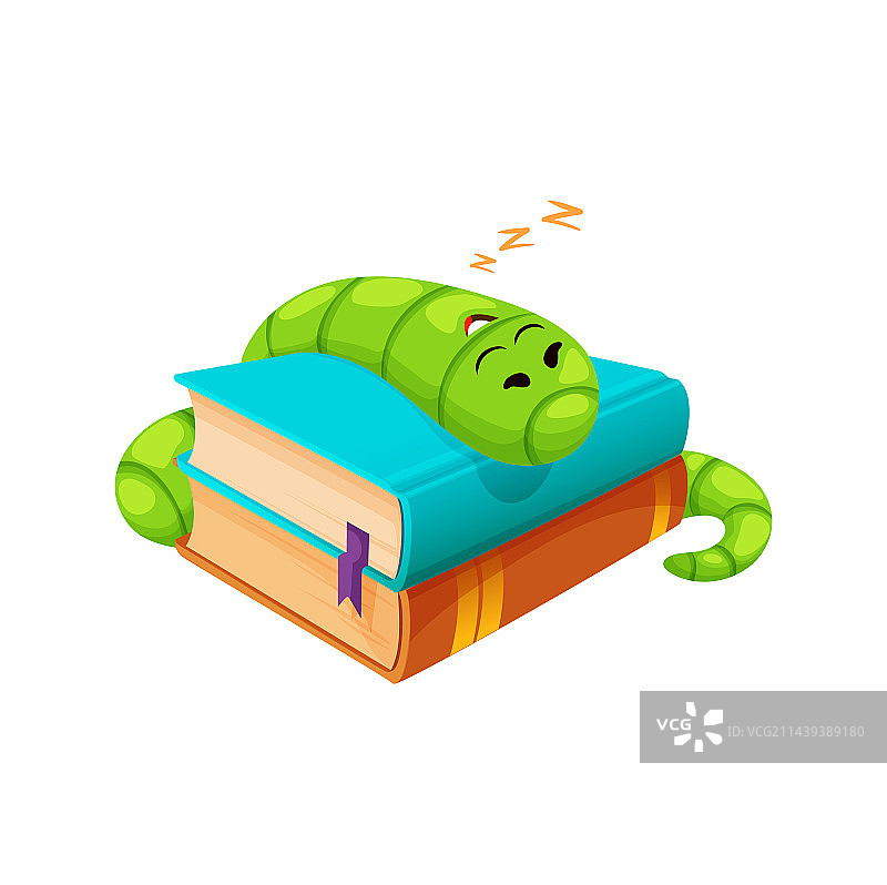 卡通书虫角色在书堆上睡觉图片素材
