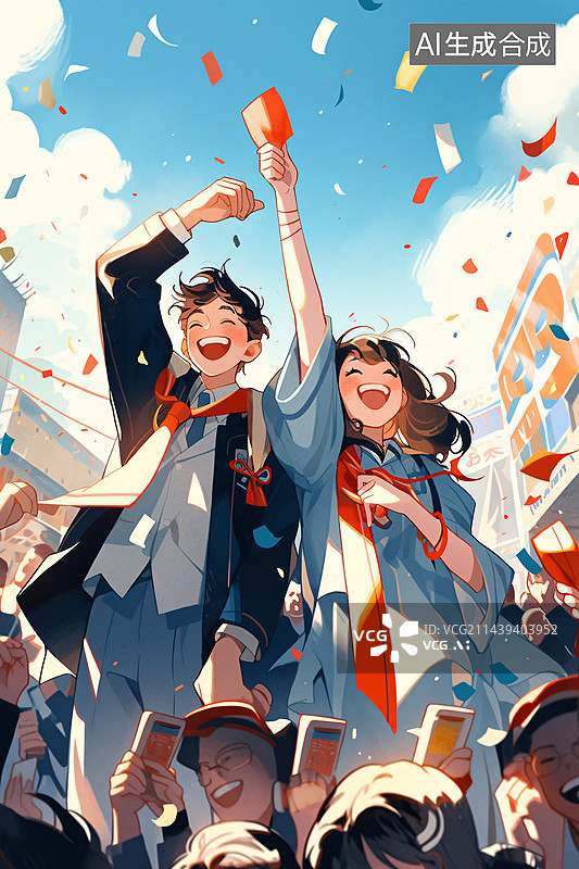 【AI数字艺术】学生们庆祝毕业拿到通知书插画图片素材