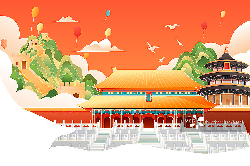 卡通故宫长城太和殿北京地标建筑群城市生活国庆节党建建党节建军节古建筑节日庆祝旅游中国风国潮矢量插画图片素材