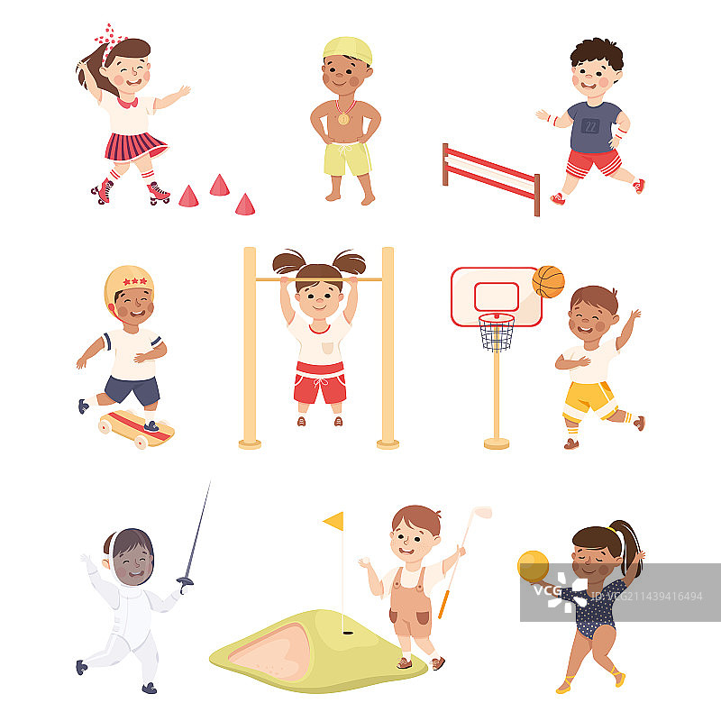 儿童练习不同运动和体能图片素材
