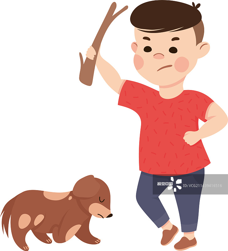 冒犯性男孩欺负和虐待小狗图片素材