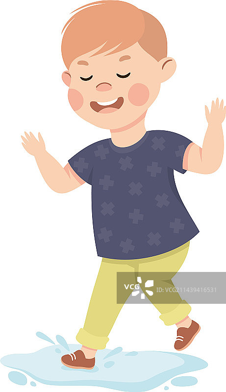 小男孩在水坑里玩耍图片素材