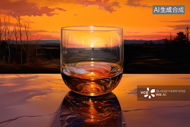 【AI数字艺术】日落时桌上酒杯的特写镜头图片素材