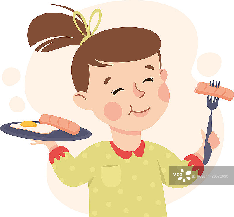 可爱小女孩吃香肠和煎蛋图片素材
