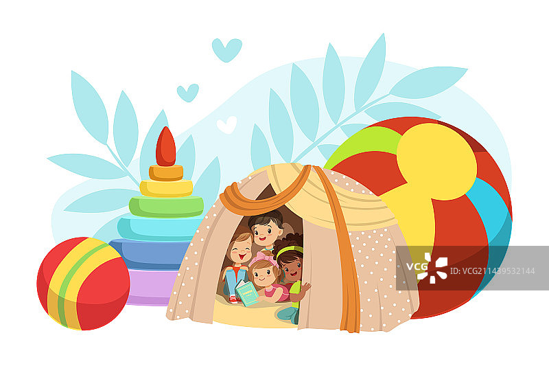 可爱男孩女孩帐篷里玩耍看书图片素材