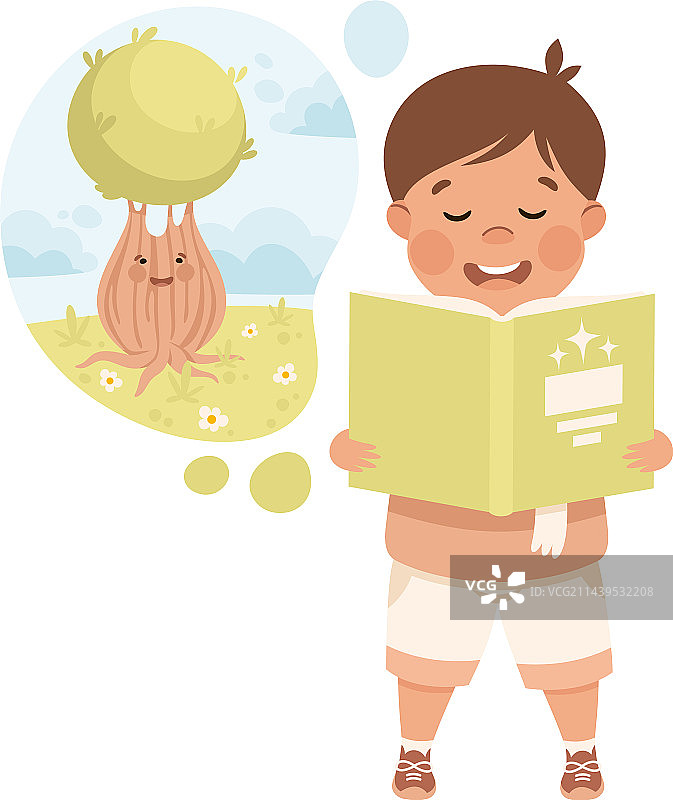 小男孩想象在泡泡里阅读仙女树图片素材