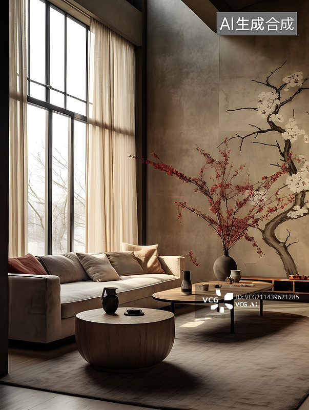 【AI数字艺术】室内设计中式禅意客厅木制家具图片素材