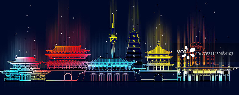 线条夜景西安城市地标建筑图片素材