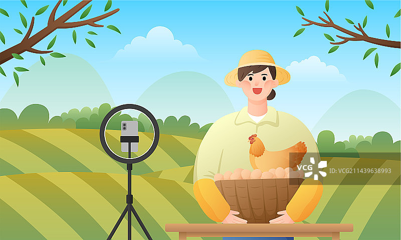 农田前手捧鸡蛋进行直播的开心农民图片素材