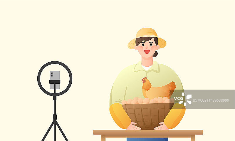 手捧鸡蛋进行直播的开心农民图片素材