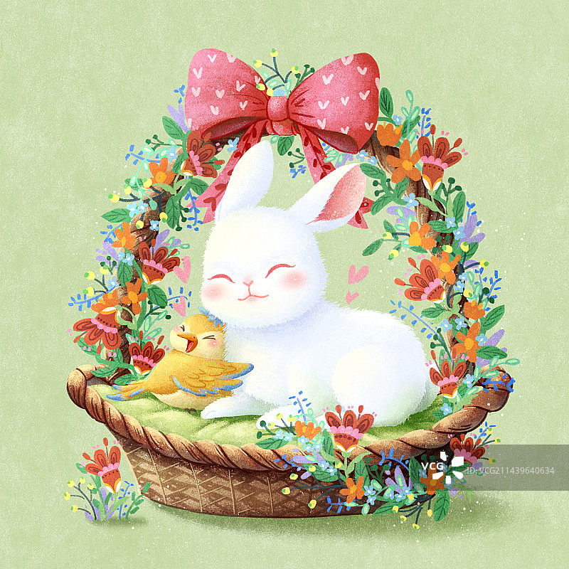 十二生肖之花篮里的小白兔可爱治愈插画图片素材