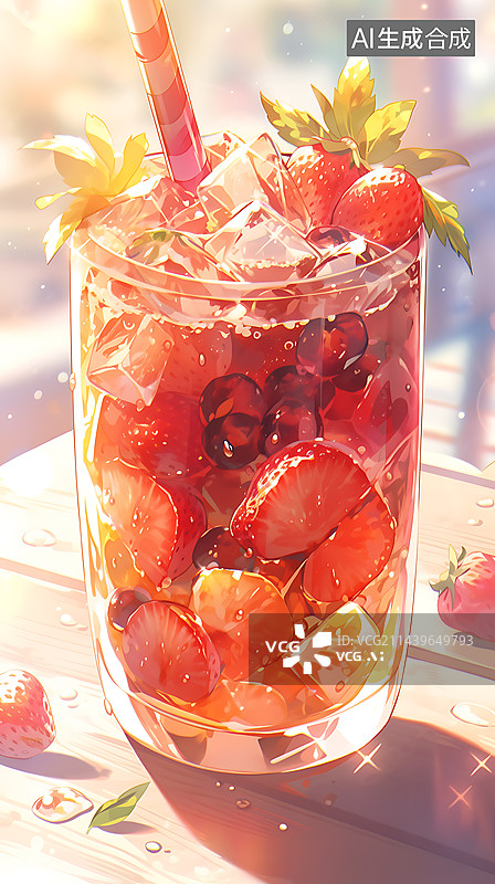 【AI数字艺术】夏季水果冰茶冷饮饮料插画图片素材