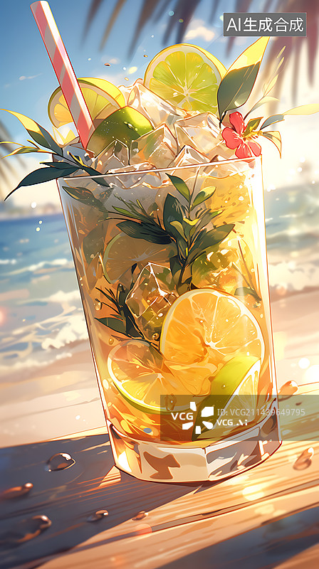 【AI数字艺术】夏季水果冰茶冷饮饮料插画图片素材